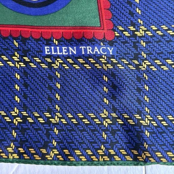 Ellen Tracy Silk Square Scarf Italian Cities Print Blue Green - Picture 9 of 9